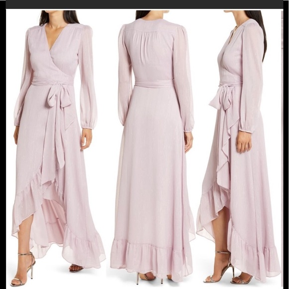 Long Sleeve Metallic Chiffon Wrap Gown 